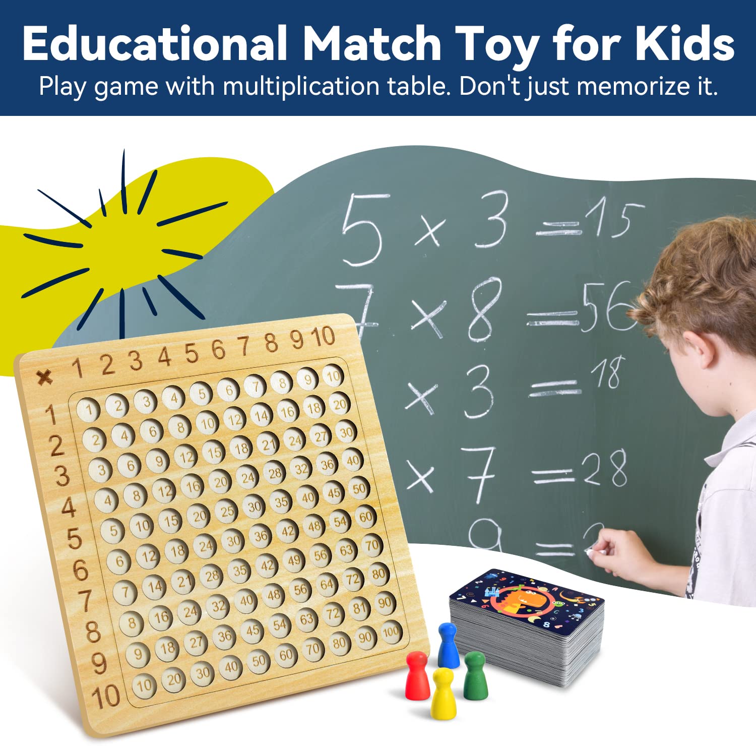 BAKAM Wooden Multiplication Board Math Game for Kids 8-12, Math Manipulatives Set with 100PCS Flash Cards for Kids 6-8 Years Old, Montessori Counting