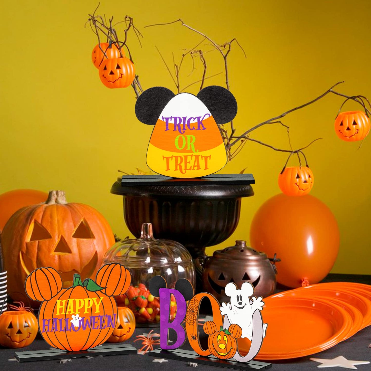 Andi Cppss 3PCS Halloween Mouse Wooden Table Centerpieces, Trick or Treat Sign Table Top Decor, Boo Sign Table Centerpiece for Halloween, Happy