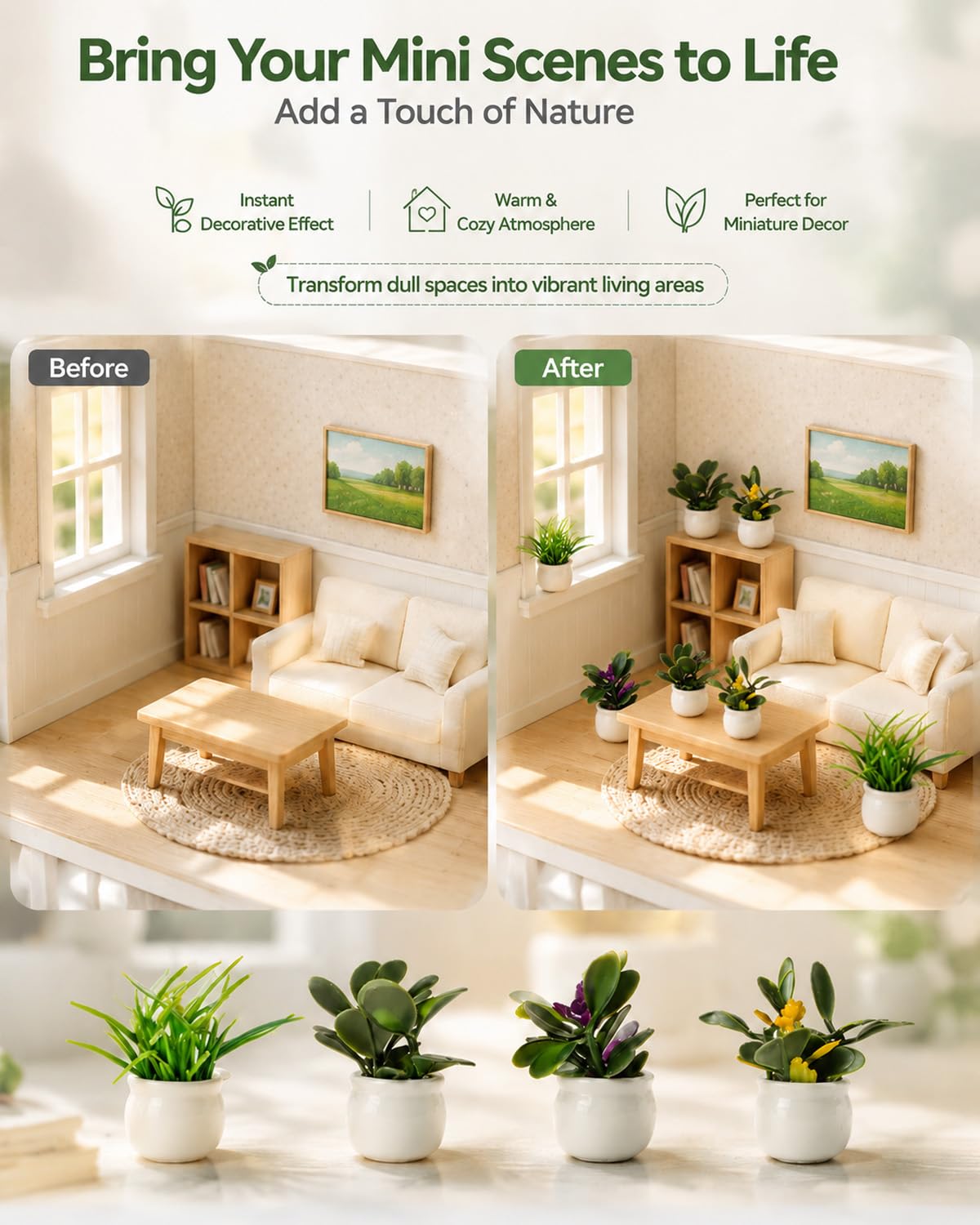 4 Pcs Doll House Plants, Miniature Potted Plants for Dollhouse Decor, Realistic Mini Plants Dollhouse Accessories for Living Room, Bedroom, Garden