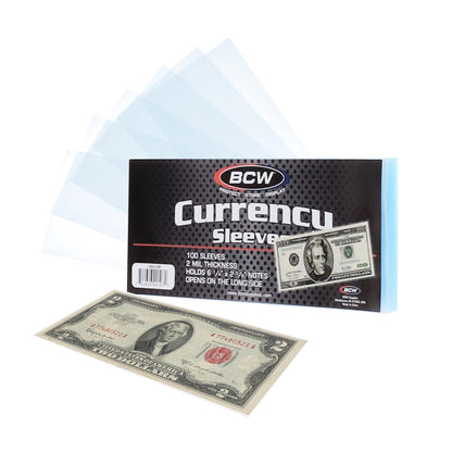 BCW Regular Bill Currency Sleeves - 100 Pack | Thin, Low-Bulk, Acid-Free Polypropylene Sleeves for US Paper Currency | Clear Protective Sleeves for