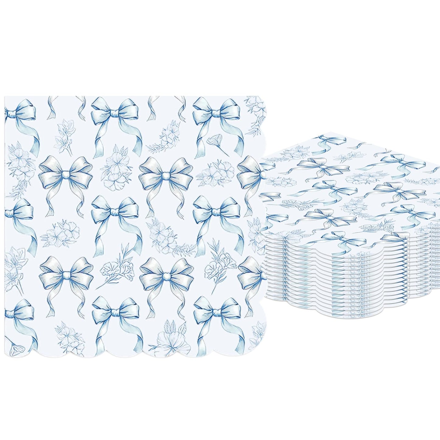 50PCS Blue Bow Napkins Scalloped Disposable Paper Coquette Bow Cocktail Napkins for Girls Birthday, Baby Shower, Bridal Shower, Wedding,Bachelorette