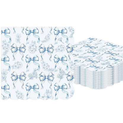 50PCS Blue Bow Napkins Scalloped Disposable Paper Coquette Bow Cocktail Napkins for Girls Birthday, Baby Shower, Bridal Shower, Wedding,Bachelorette