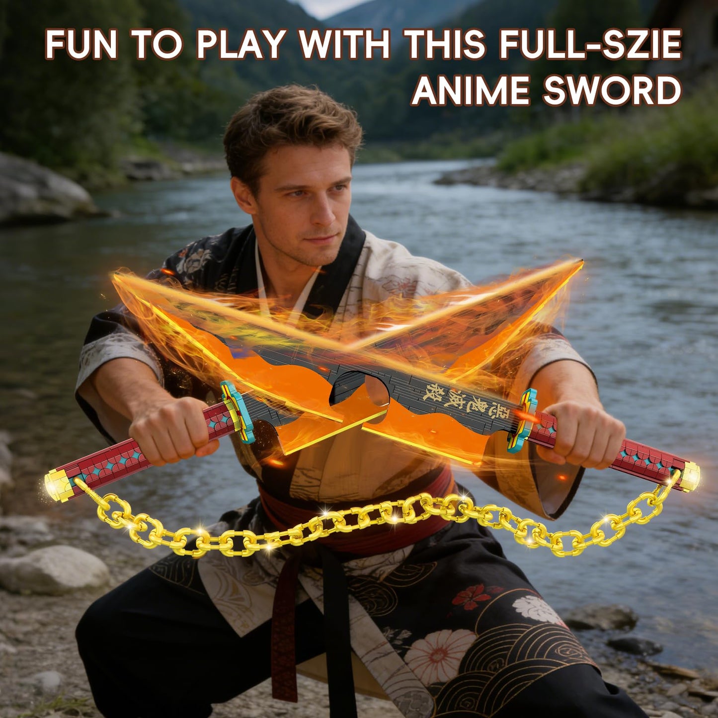 GHQYTPR Anime Dual Cleaver Building Set - 1478 Pieces Sound Ninja Sword Model with Golden Chain 82 Inch Huge Nichirin Style Weapon Flashy Cosplay Prop