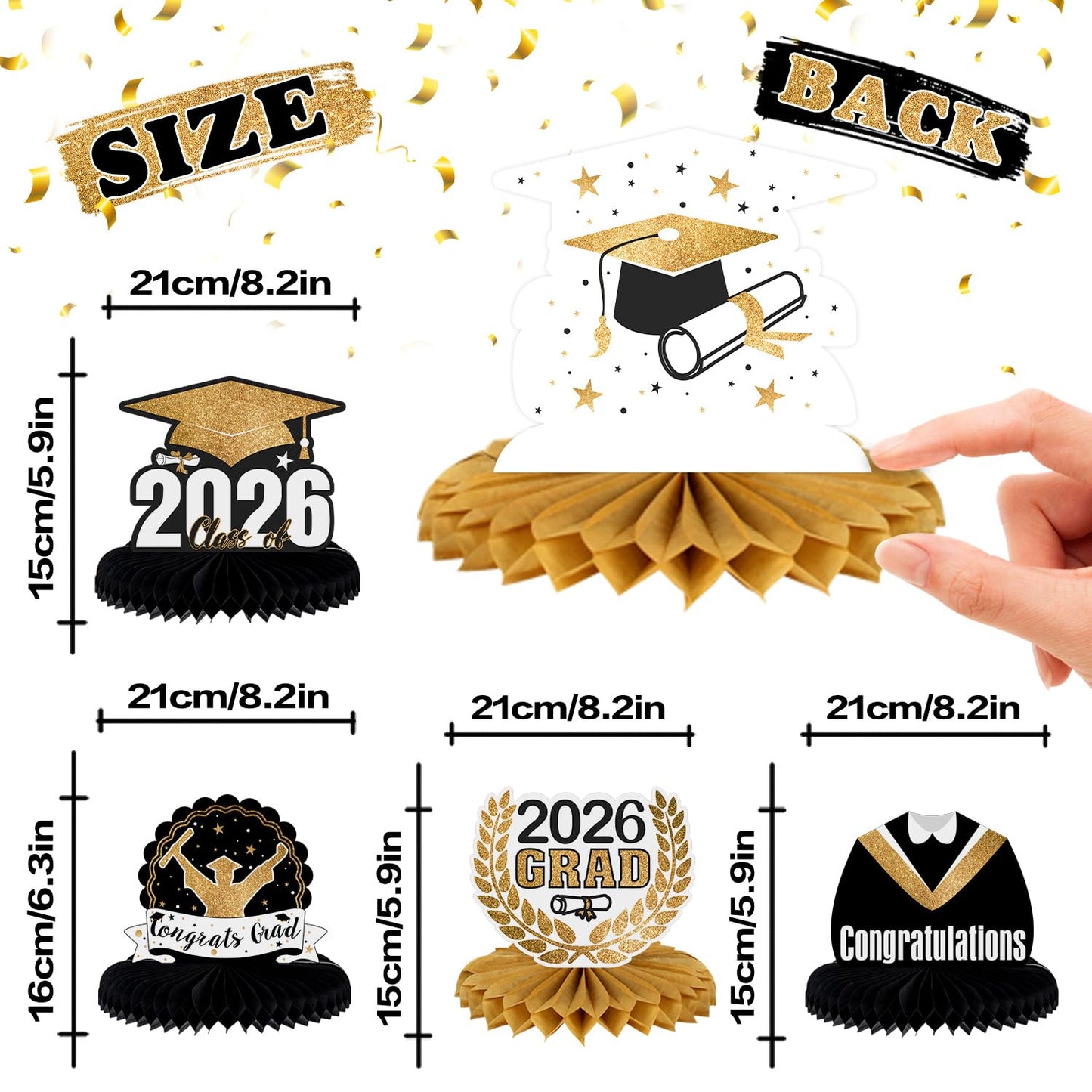 LINGTEER Class of 2026 Graduation Party Decorations - 8Pcs Congrats Grad 2026 School Graduation Table Honeycomb Centerpieces Gift Stand Decorations