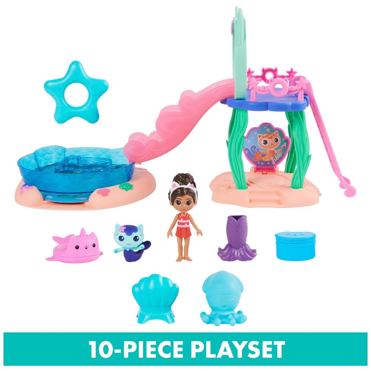 Gabby's Dollhouse, Purr-ific Pool Playset with Gabby and Mercat Figures, Color-Changing Mermaid Tails and Pool Accessories Kids Toys for Ages 3 and Up