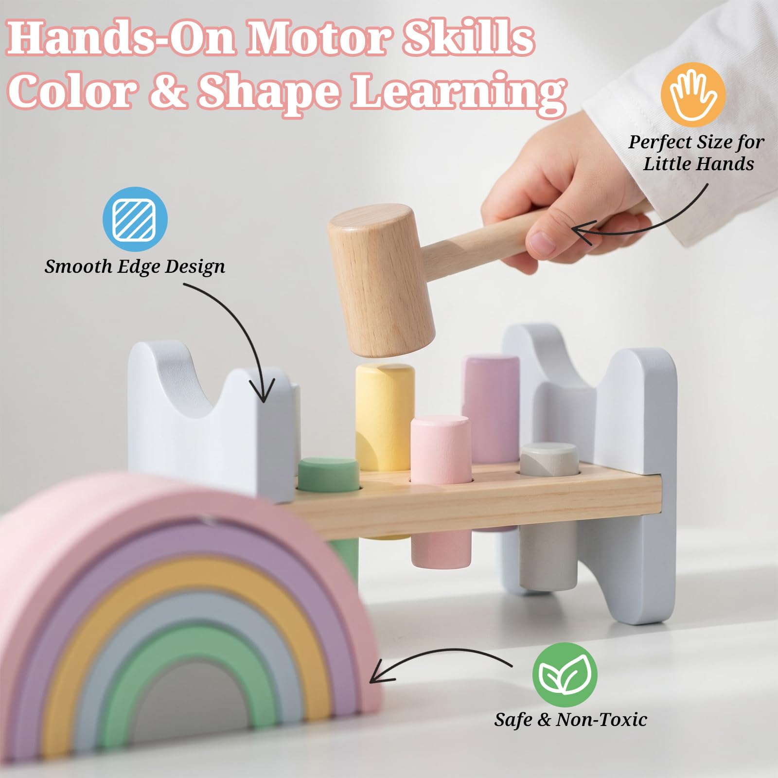 Montessori Kids Toys Play Kit, Wooden Toys Set with Tumbling Stacking Blocks, Track Racer, Silicone Alphabet Mat, Rainbow Stacker & Pounding Toy