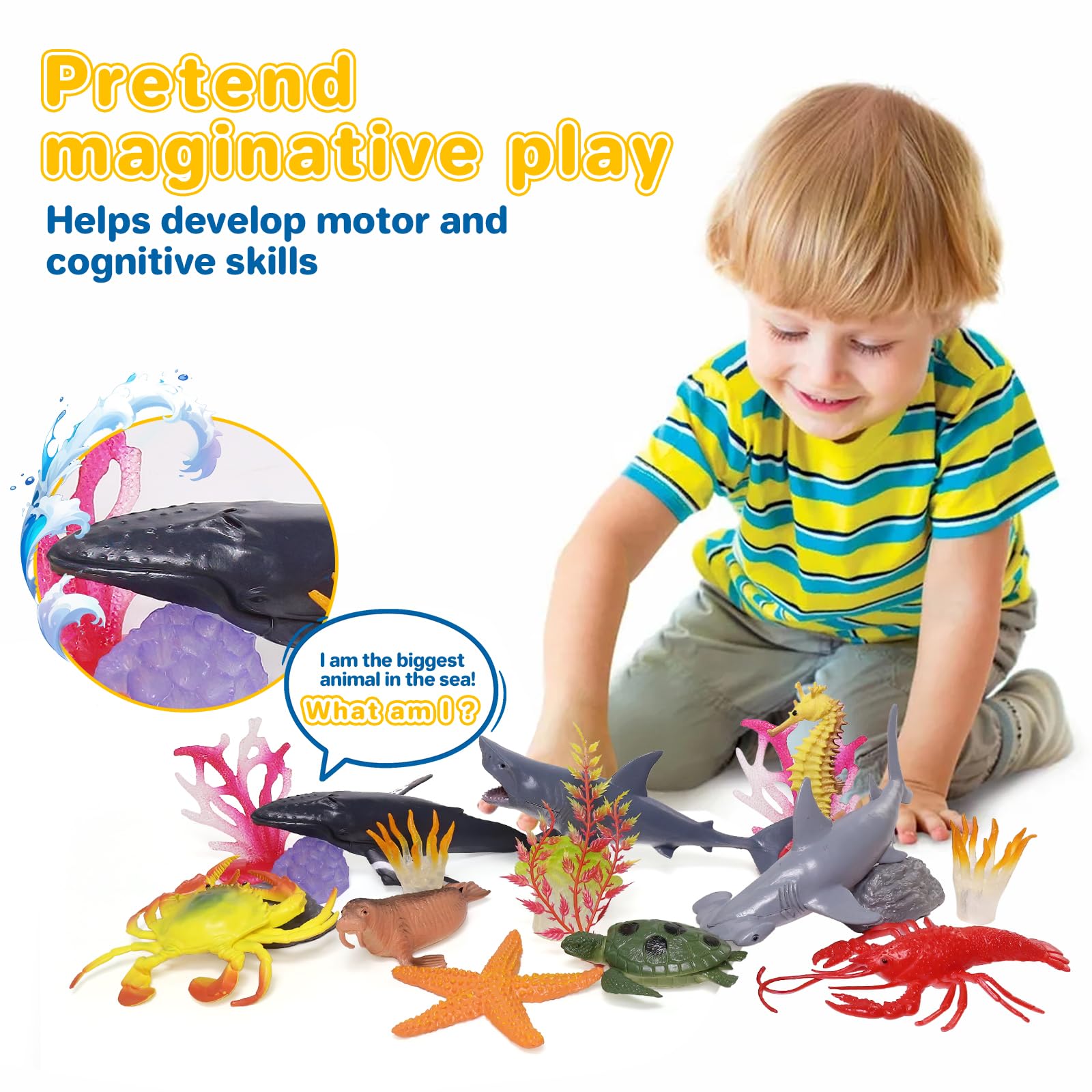 BIWASE Ocean Sea Animal Figure Toys for Kids 3-5, Realistic Sea Life Figures Animal Creature Sand Toys Beach Bath Playset Include Shark Whale Corals