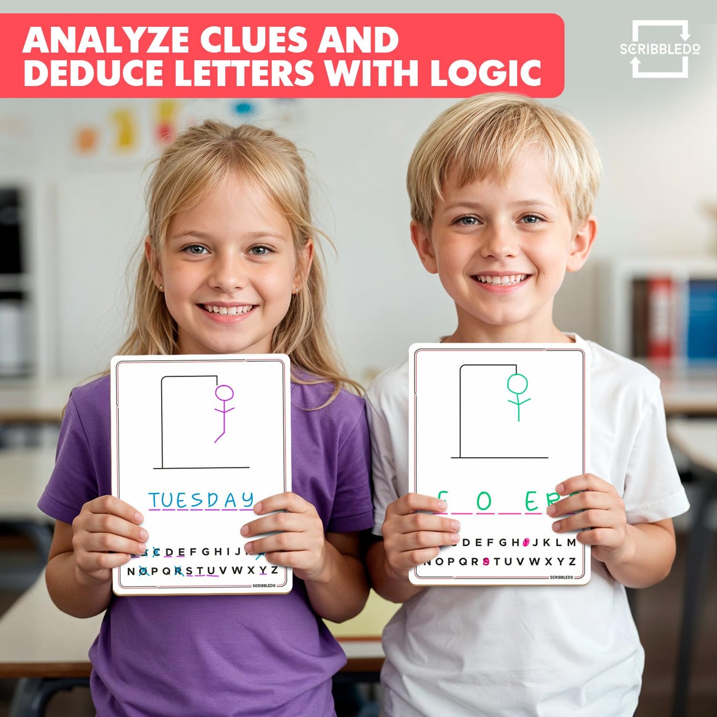 SCRIBBLEDO Hangman Board Game 9”x12 Dry Erase Double-Sided Whiteboard with Blank Writing Surface Hang Man Games Reusable Portable Erasable Hangman