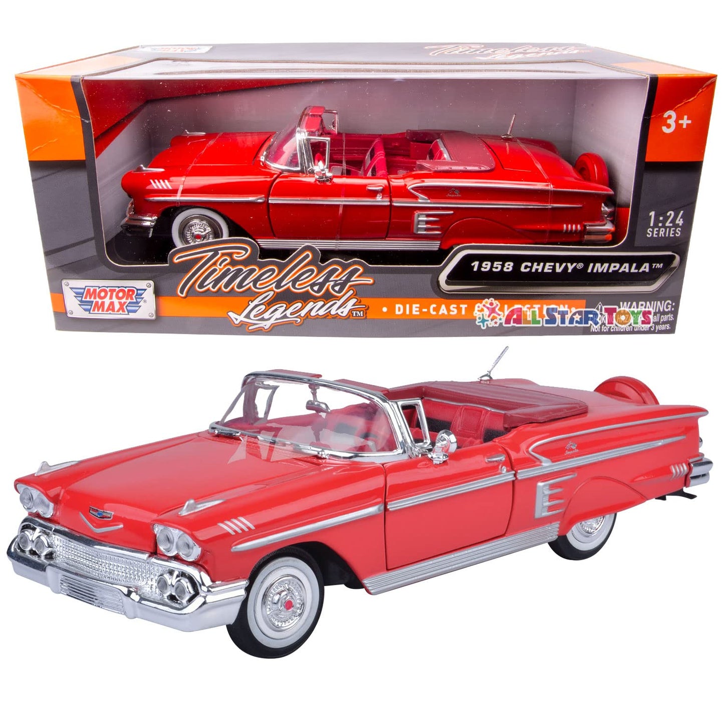 Motor Max 1:24 W/B American Classics 1958 Chevrolet Impala Convertible Diecast Vehicle for unisex-children, Red