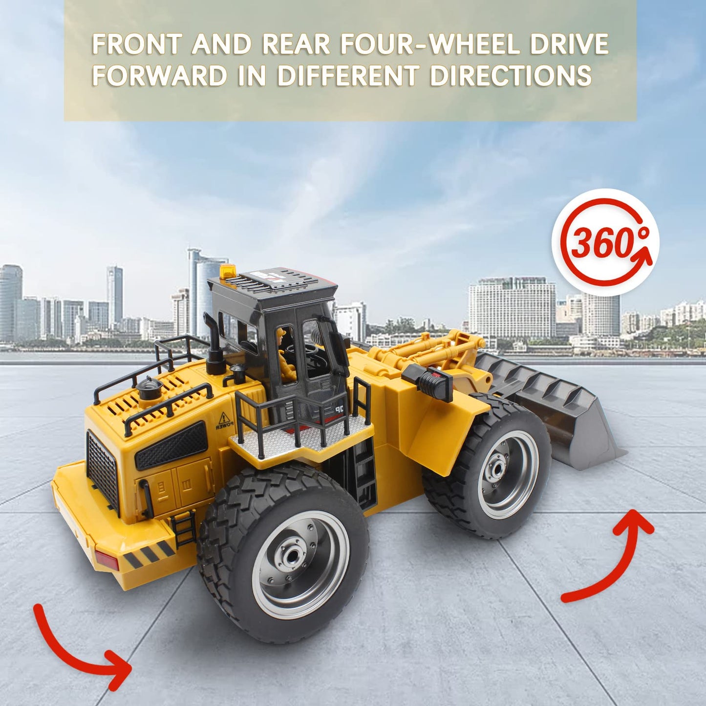 fisca RC Wheeled Front Loader Remote Control Bulldozer Truck 6 Channel 2.4G Alloy Vehicle Tractor Toy with Lights
