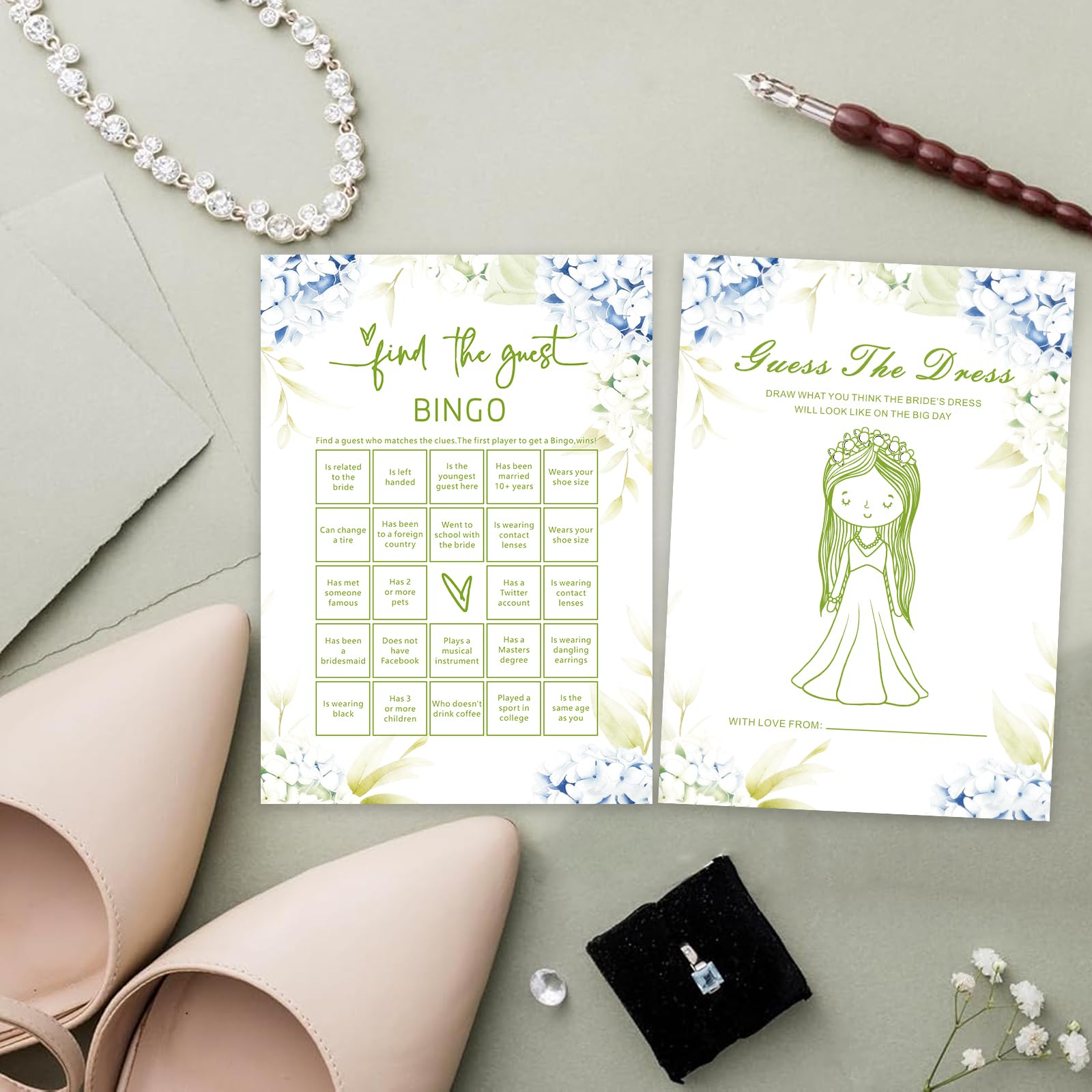 SMOQYKBW Floral Wedding Bingo Game Cards, Bridal Shower Guest Activity with Dress Drawing, 30 Pack, 7 Inch, Blue Hydrangea Design