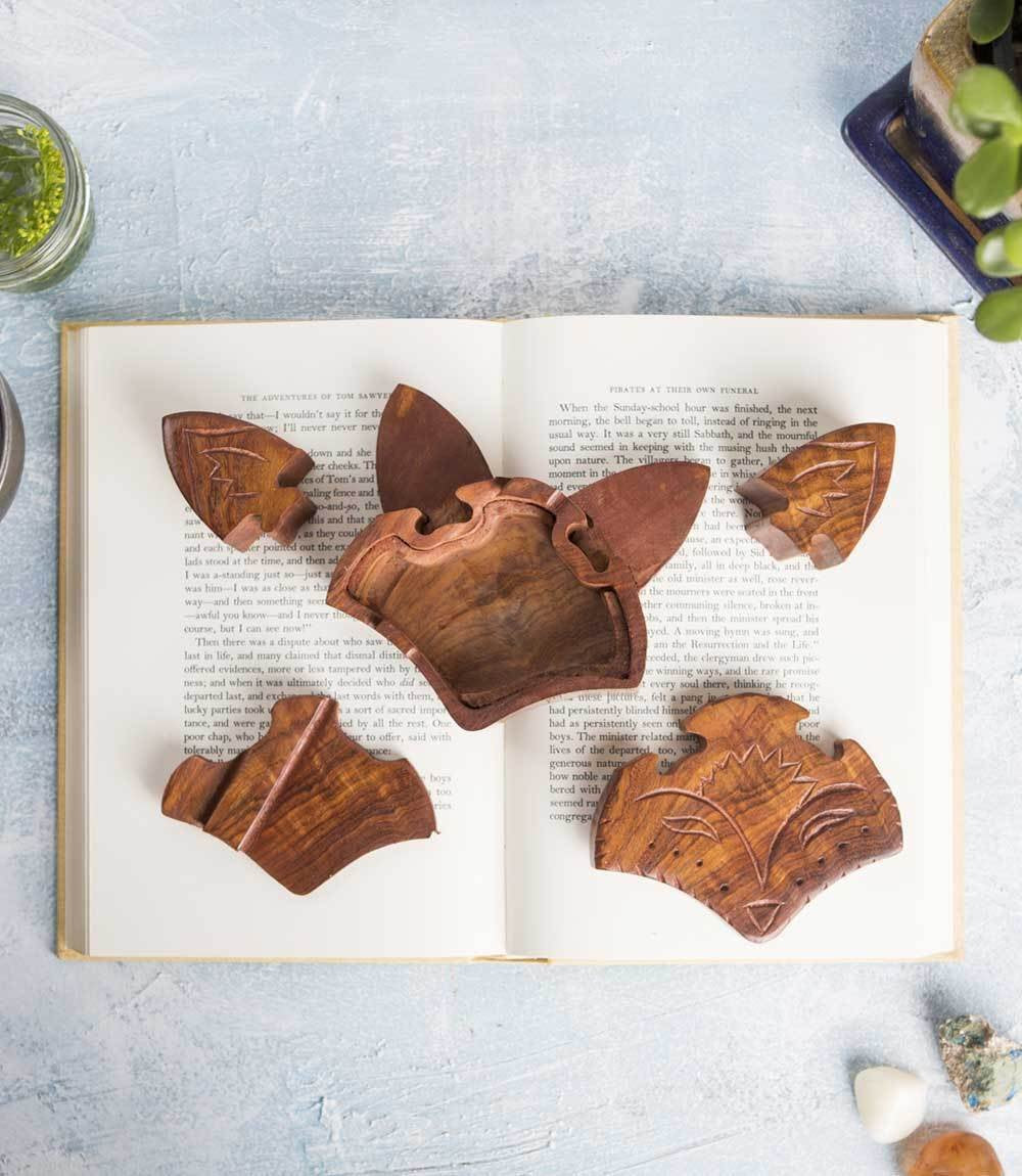 Matr Boomie, Hand Carved Solid Wood Fox Puzzle Box/Jewelry Box/Brain Teaser with Secret Compartment