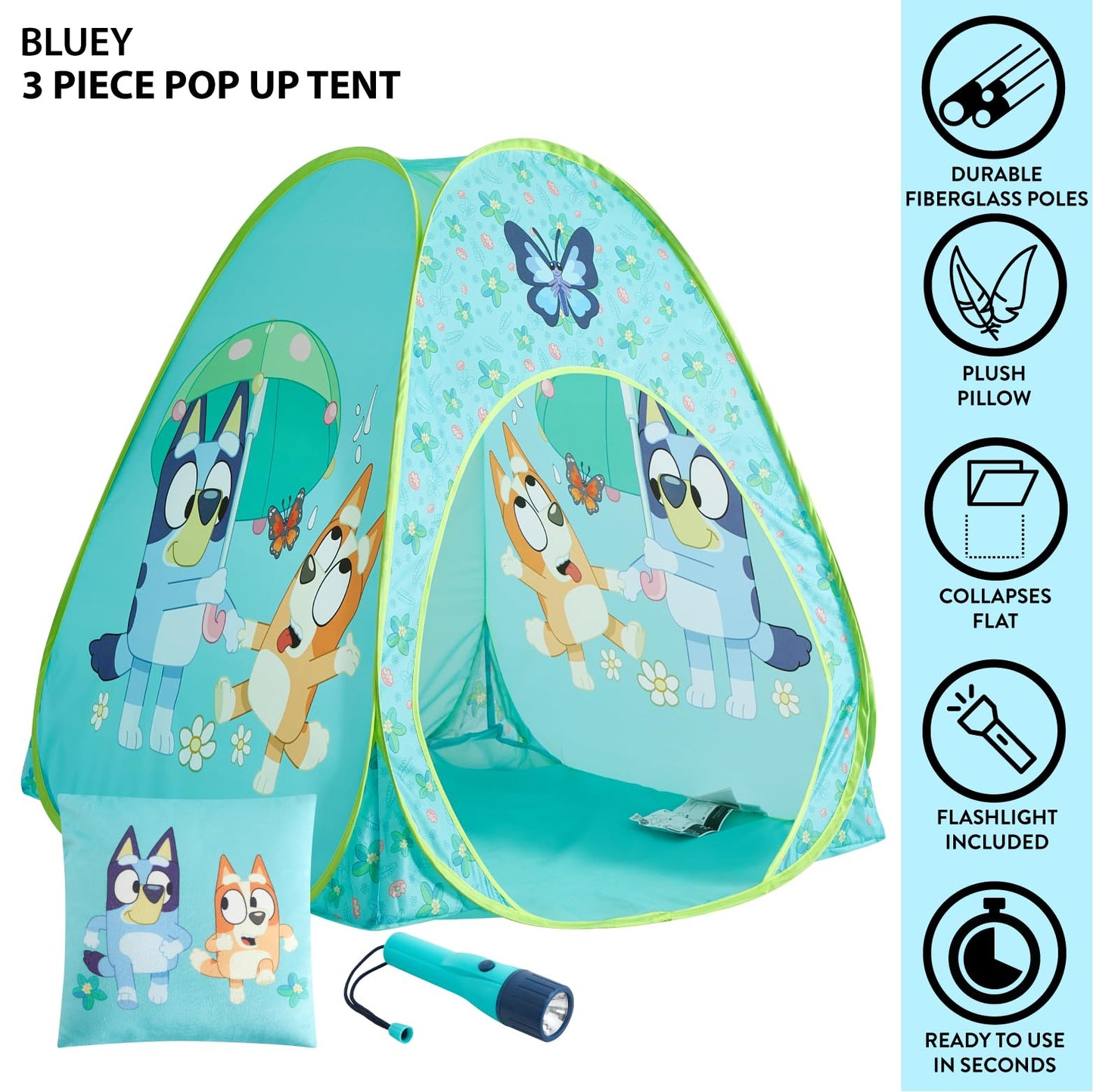 Bluey 3-Piece Adventure Slumber Set - Pop-Up Play Tent, Pillow & Flashlight, Fun Indoor Playhouse for Kids Ages 3+, Perfect for Sleepovers, Camping