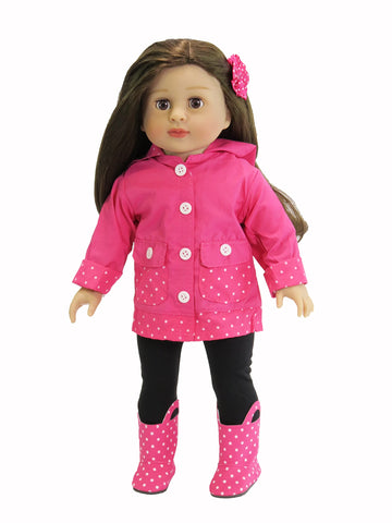 American Fashion World Pink Polka Dot Raincoat for 18-Inch Dolls | 5 Piece Set | Premium Quality & Trendy Design
