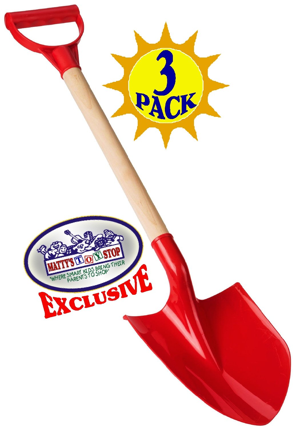 Matty's Toy Stop 31" Heavy Duty Wooden Kids Sand Shovels with Plastic Spade & Handle (Red, Blue & Green) Complete Gift Set Bundle - 3 Pack