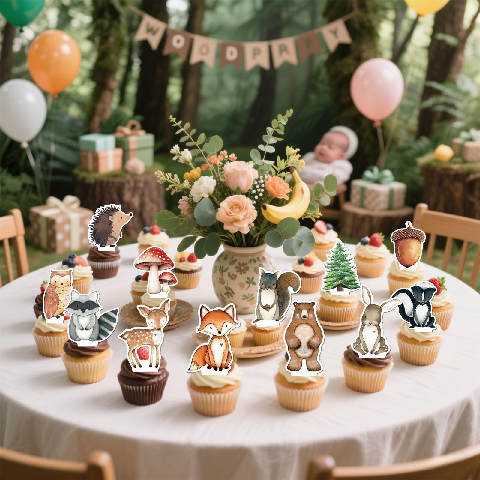 48 Woodland Cupcake Topper, Forest Animal Cupcake Toppers for Woodland Baby Shower Decorations, Neutral Forest Animals Gender Reveal Party Supplies