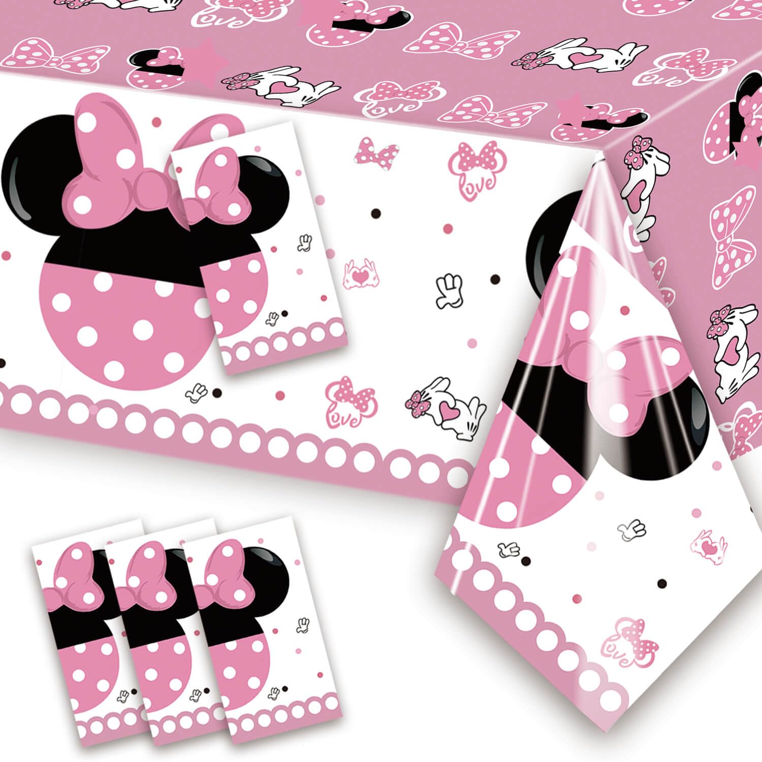 XXDecor 4 Pcs Pink Cartoon Table Cloths - Happy Birthday Disposable Plastic Rectangular Tablecovers for Baby Shower Girls 1st 2nd 3rd 4th 5th 6th