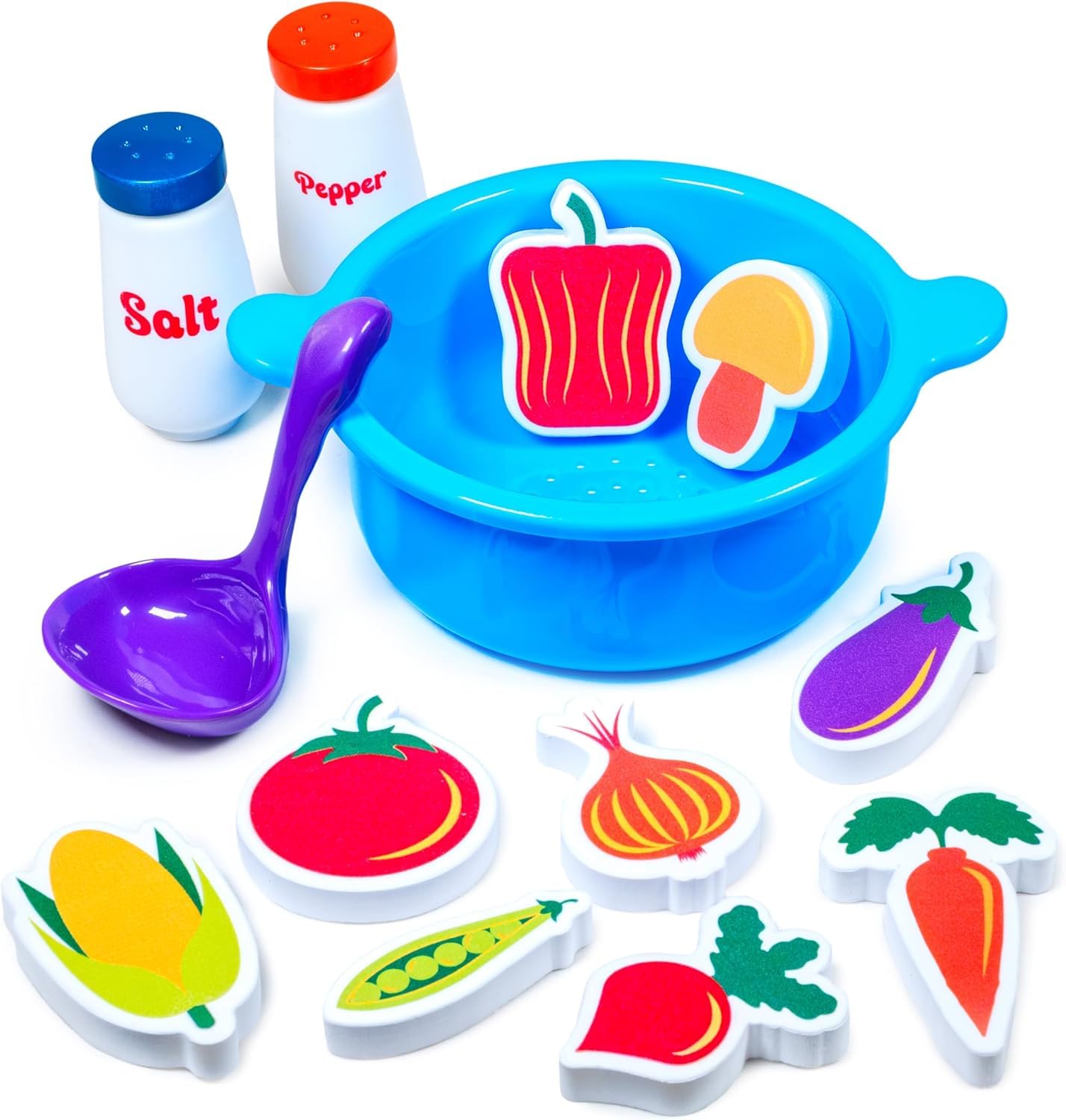 Tub Works® Tub Soup™ Scoop, Strain & Play Toddler Bath Toy | Floating Foam Veggies, Ladle for Scooping & Soup Pot for Straining | Pretend Play Cooking