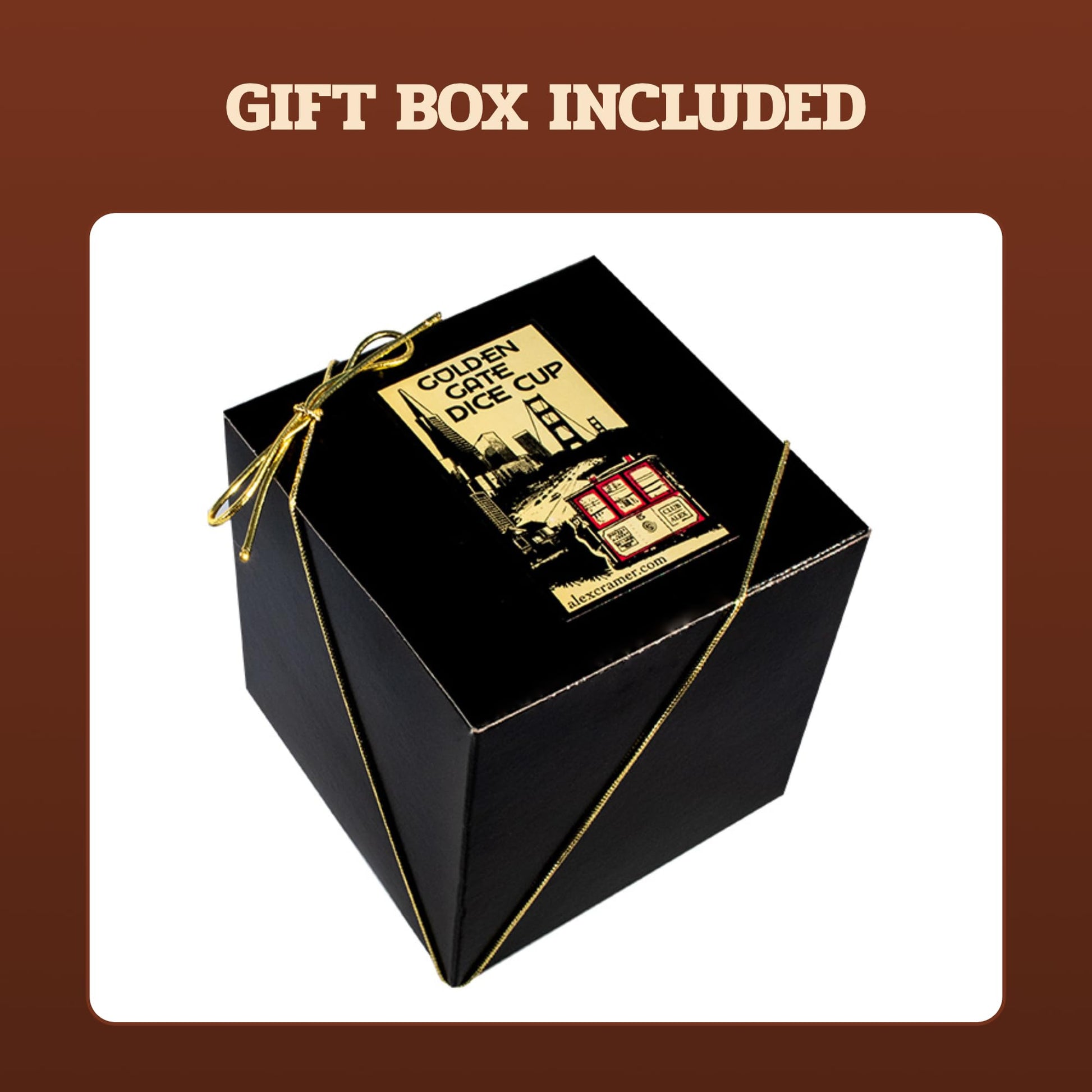 Alex Cramer Golden Gate Dice Cup Set - 5 White Dice, Drawstring Pouch & Book of Dice Games (Liars Dice Game) Included - Leather Dice Cup - Noiseless