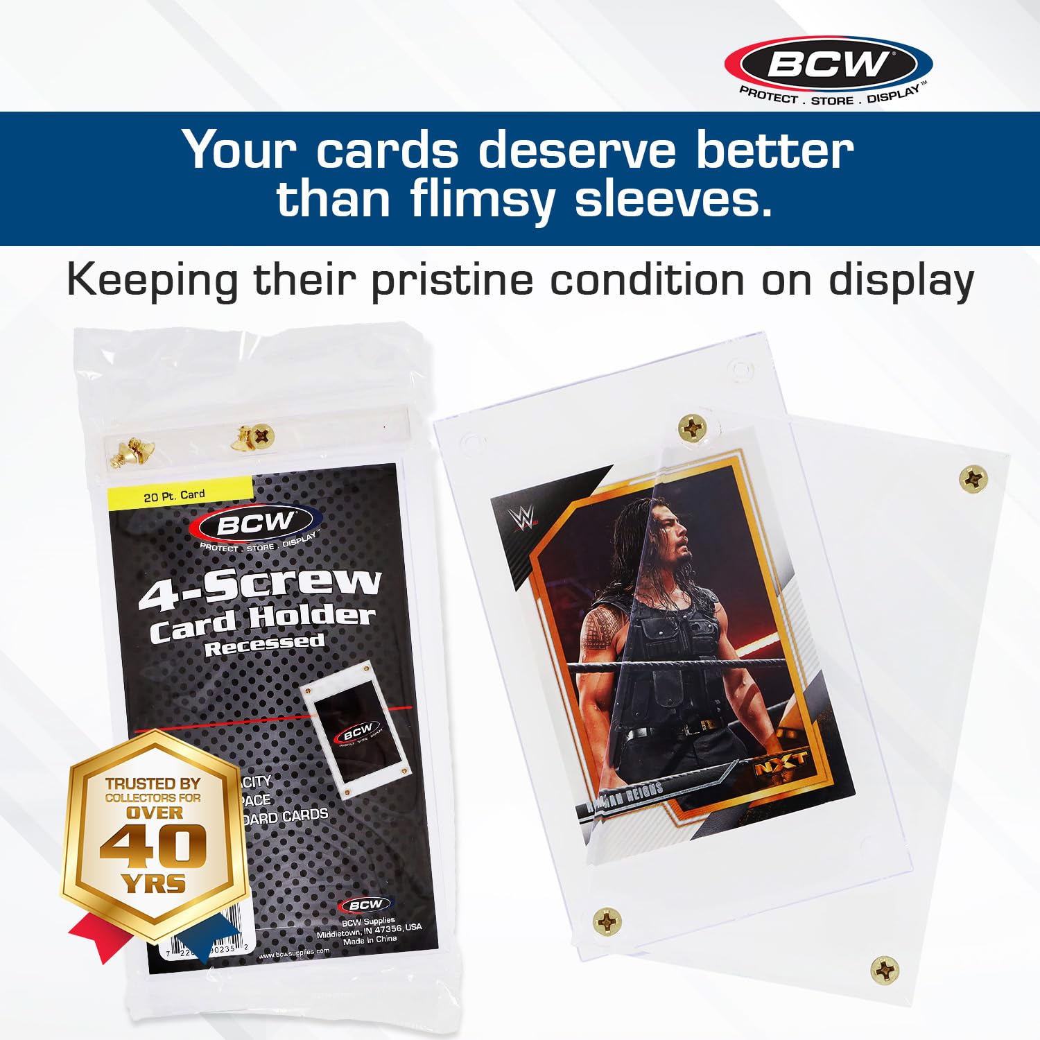 BCW 4-Screw Recessed Card Holder for Standard 35 pt. Cards | Screwdown Trading Card Case | Clear Hard Plastic Card Holder for Single Cards - 15ct