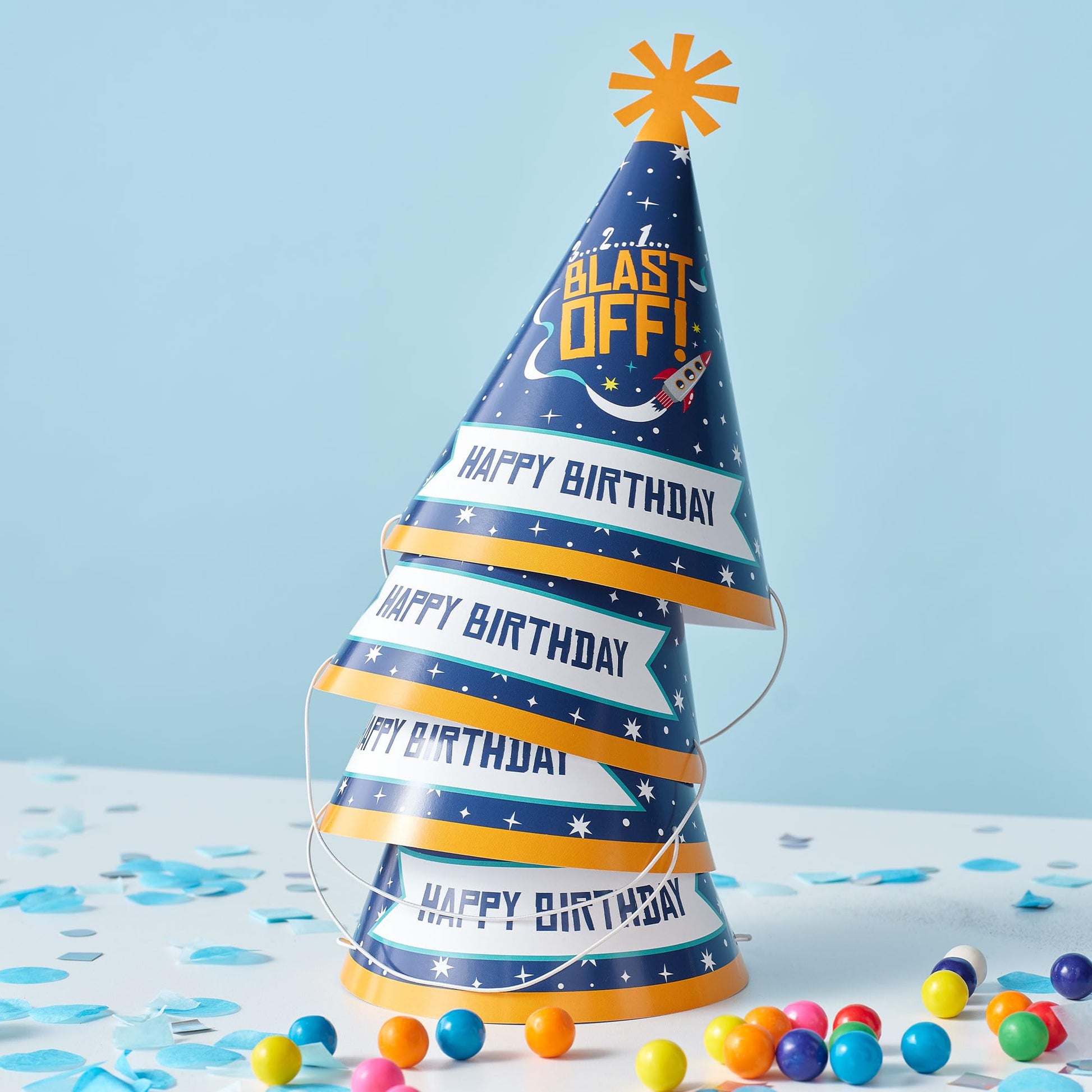 Big Dot of Happiness Blast Off to Outer Space - Cone Happy Birthday Party Hats for Kids and Adults - Set of 8 (Standard Size)