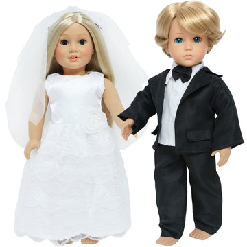 18 Inch Doll Clothes Accessories Wedding Set, Bride Wedding Dress and Groom Suit Outfit, Veil, Bow Tie for American 18 Inch Doll Girl Boy Ball Party