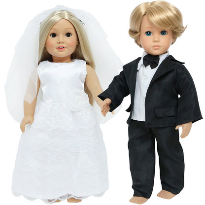 18 Inch Doll Clothes Accessories Wedding Set, Bride Wedding Dress and Groom Suit Outfit, Veil, Bow Tie for American 18 Inch Doll Girl Boy Ball Party