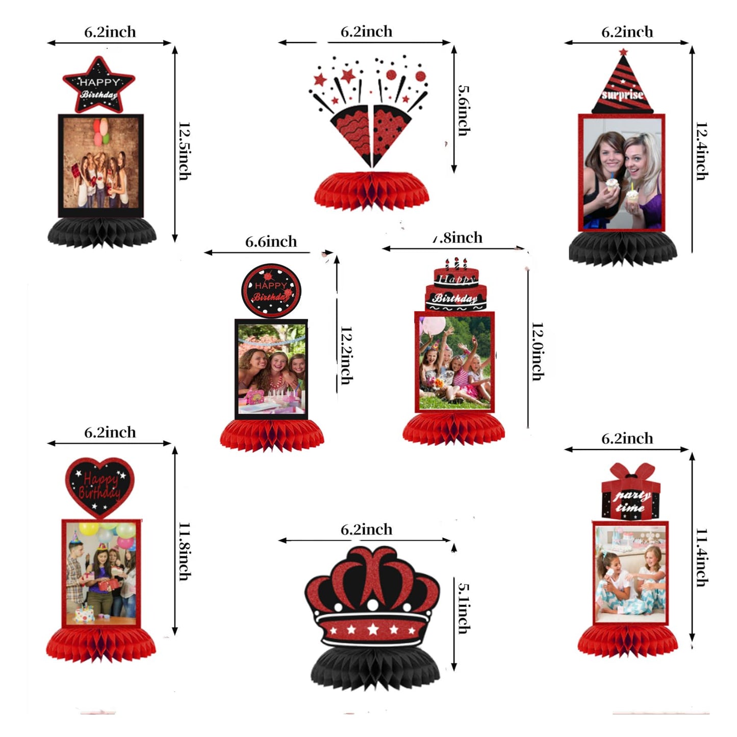 WINPOGEE 9Pcs Black Red Birthday Decorations Honeycomb Centerpieces Red Theme Birthday Photo Table Centerpiece Party Supplies 16th 30th 40th 50th 60th