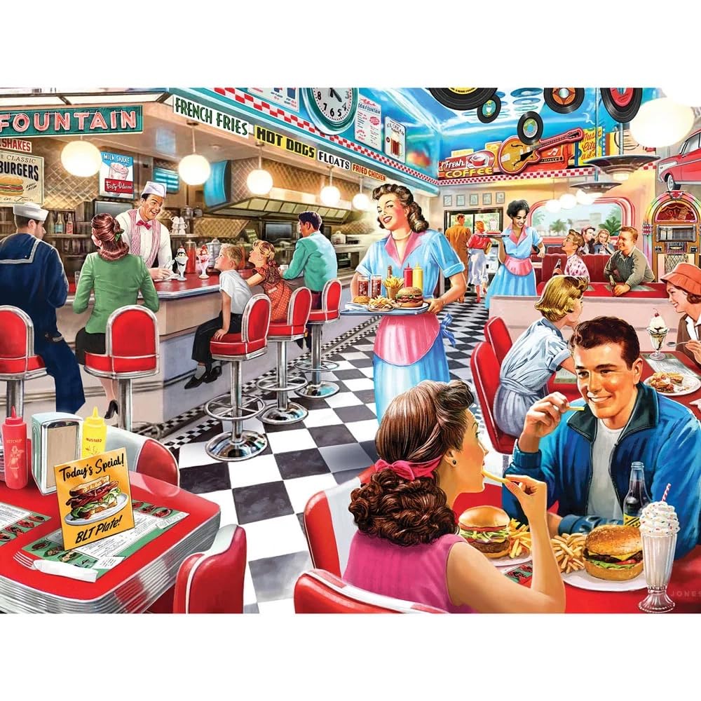Bits and Pieces - 50’s Diner Jigsaw Puzzle for Adults - Retro American Nostalgia Scene by Larry Jones (500 Piece Puzzle)