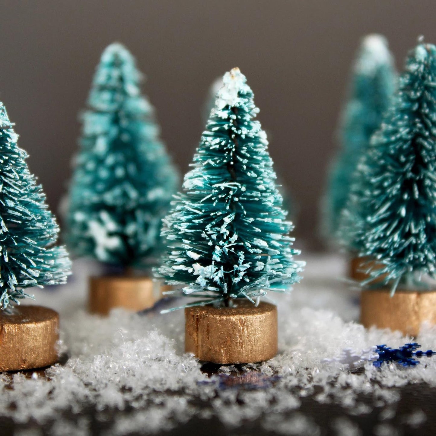 Miniature Christmas Trees, Frosted Evergreen Trees with Gold Wooden Bases, Christmas Trees with Snow, for Christmas Village, Diorama, Dollhouse or