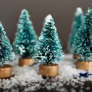 Miniature Christmas Trees, Frosted Evergreen Trees with Gold Wooden Bases, Christmas Trees with Snow, for Christmas Village, Diorama, Dollhouse or