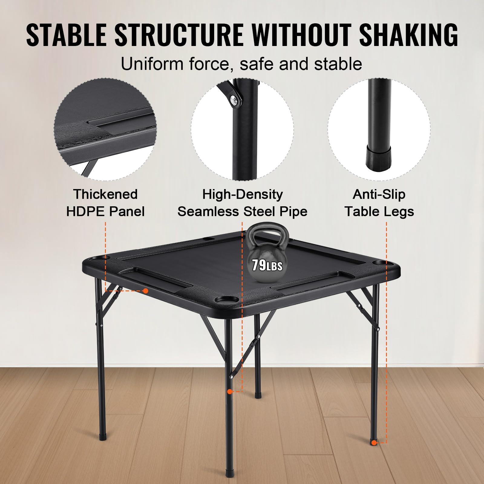 VEVOR Folding Card Table, 4 Player Portable with 4 Cup Holders & Chip Trays, Mahjong Domino Game Set, 35.4 x 35.4-inch, Black