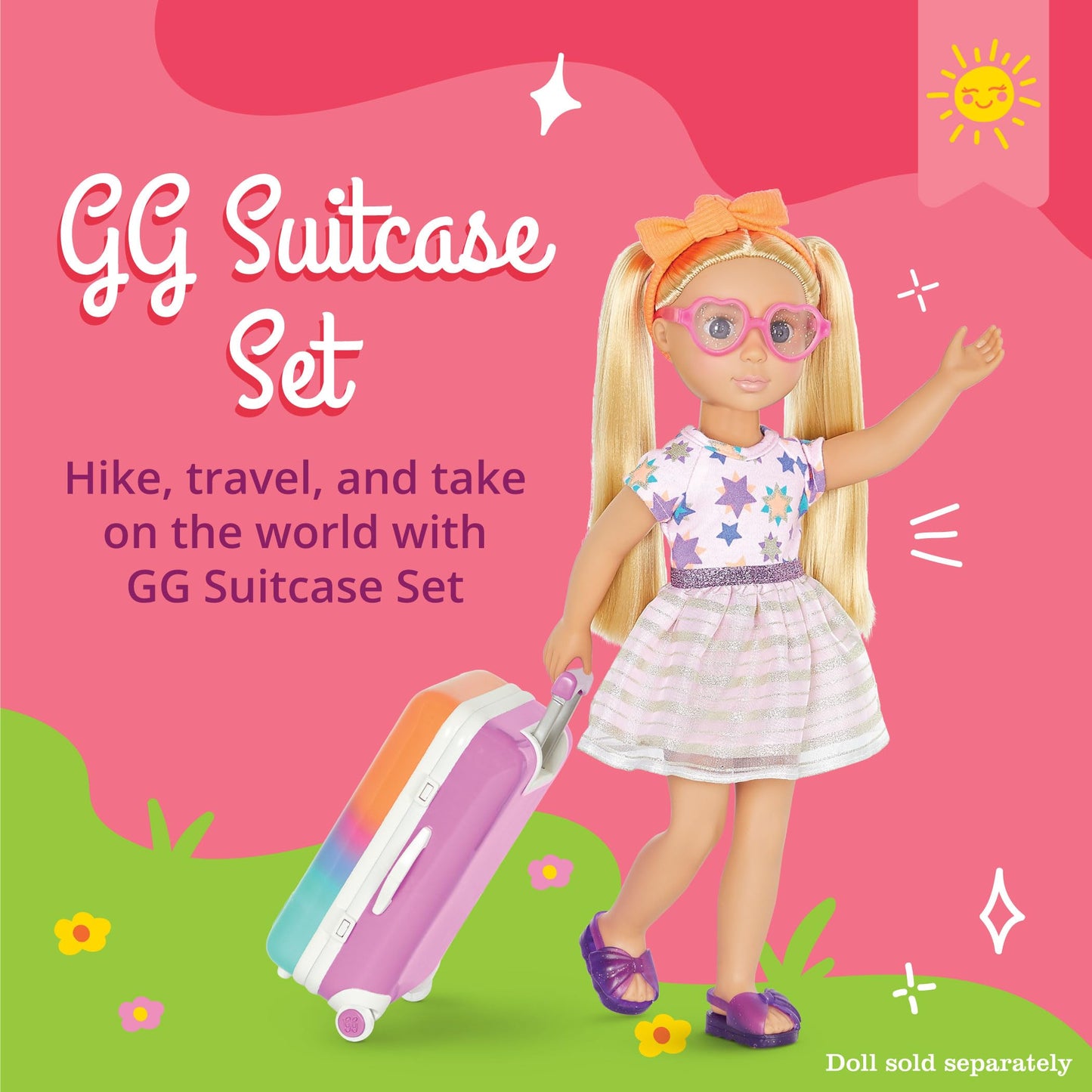 Glitter Girls - 14-Inch Doll Clothes & Accessories- Suitcase & Fashion Set - Luggage with 3 Mix & Match Outfits & Heart Glasses - Rainbow Pajama