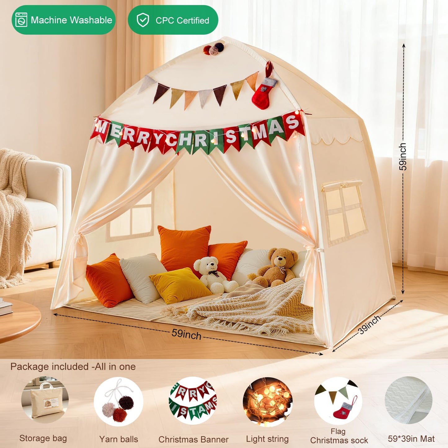 Large Kids Play Tent Indoor with Padded Mat Lights - 59x39x59in Teepee Playhouse with Flags Storage Bag - Cozy Reading Nook Nap Bed Tent - Birthday