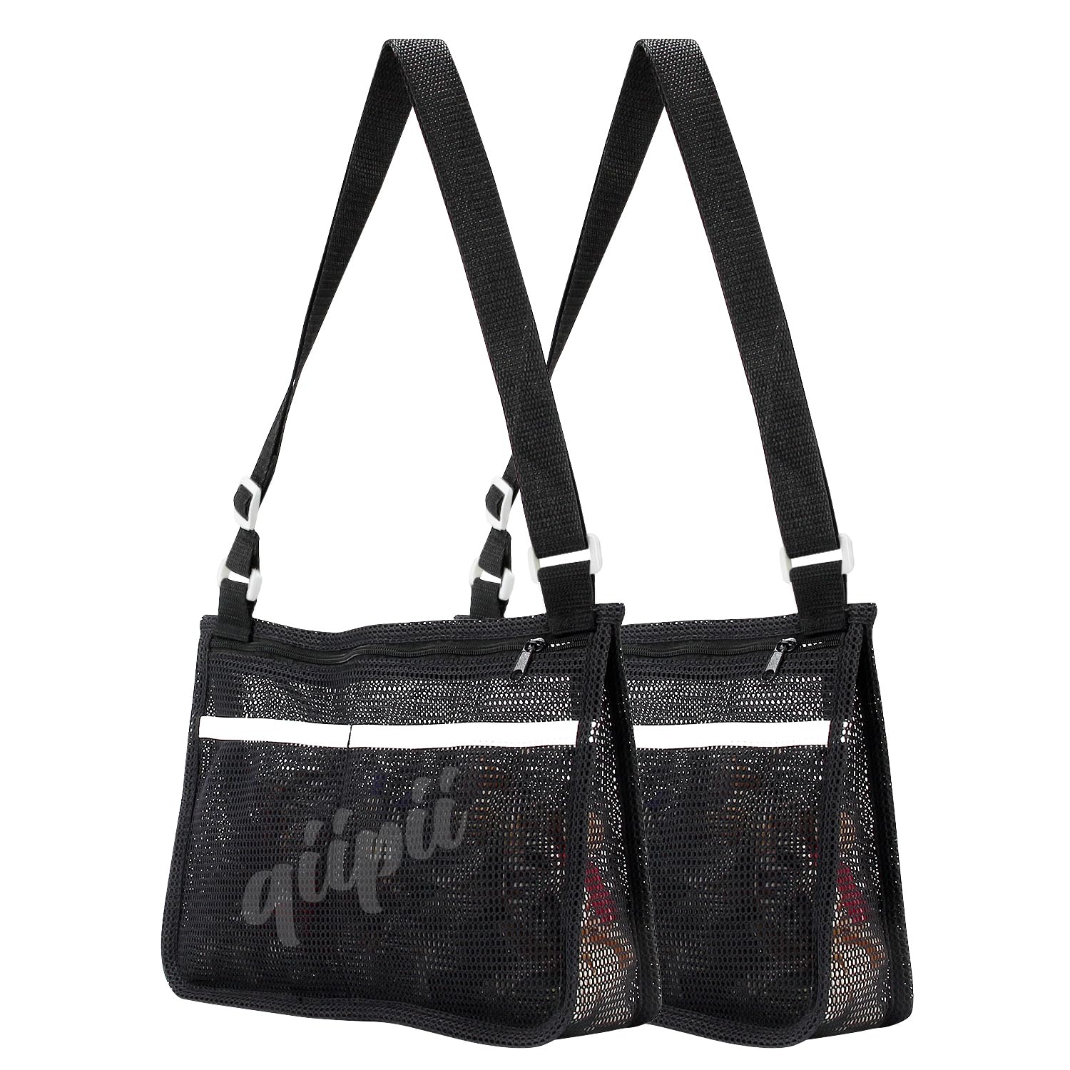 qiipii 2 Pack Beach Mesh Bag for Kids Shell Collecting Bag Beach Sand Toy Bags with 2 Outer Pocket for Hunting Shells, Swimming Accessories