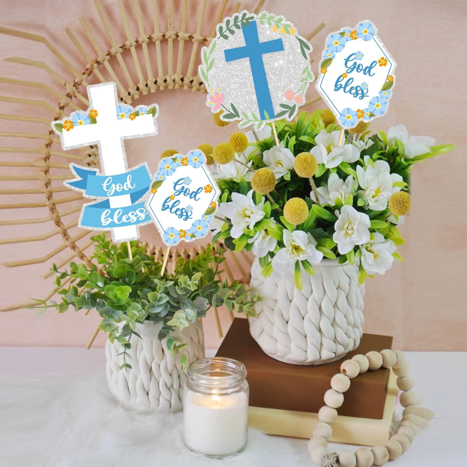 God Bless Centerpiece Sticks, Cross Community Sign - Baptism Party Decorations - Christening Party Supplies - 15PCS