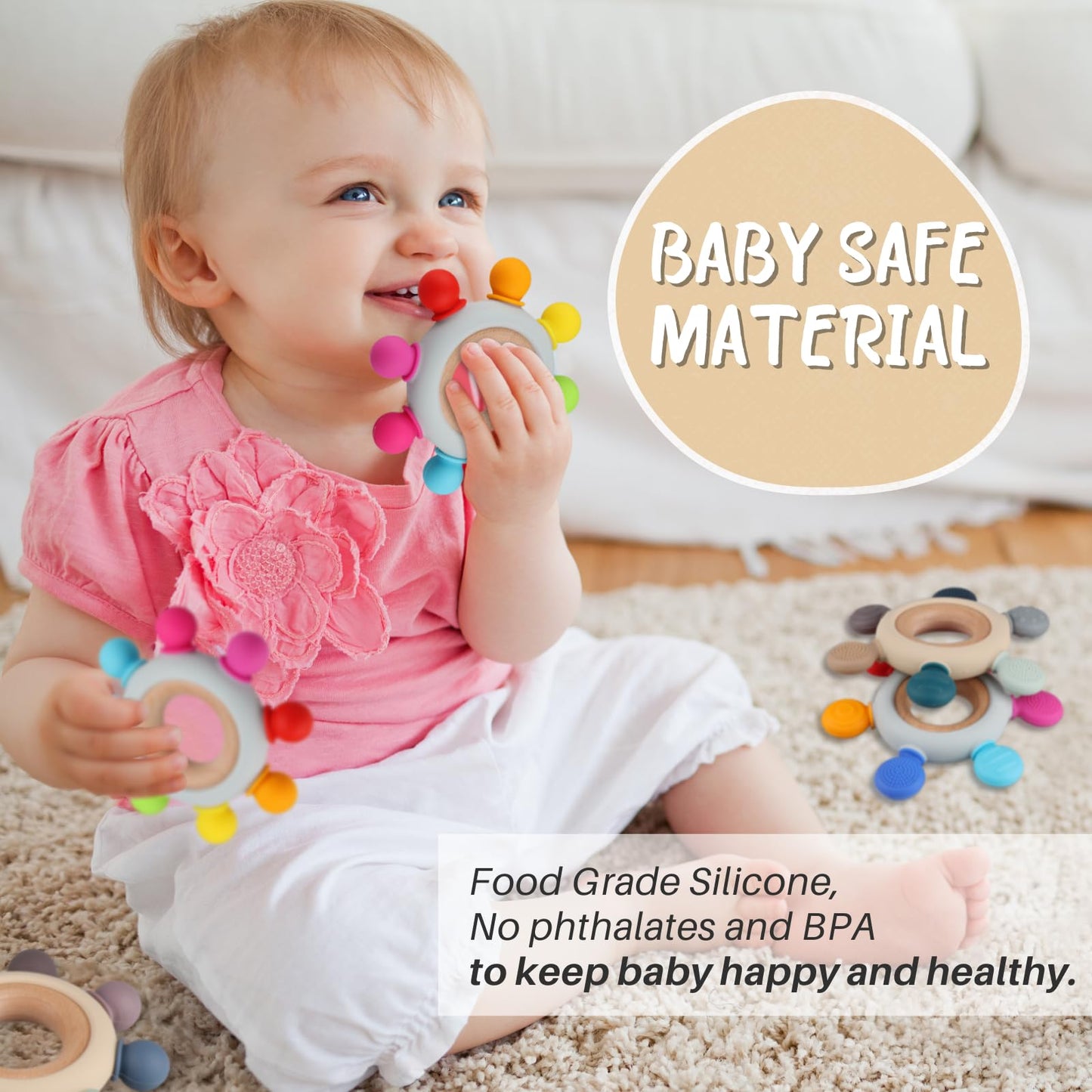 Baby Teething Toys, Silicone Chewable Teethers with Wooden Ring for Soothing Babies Gums, Rudder Chewers Shower Gift for lnfants & Toddlers, 3+ Months