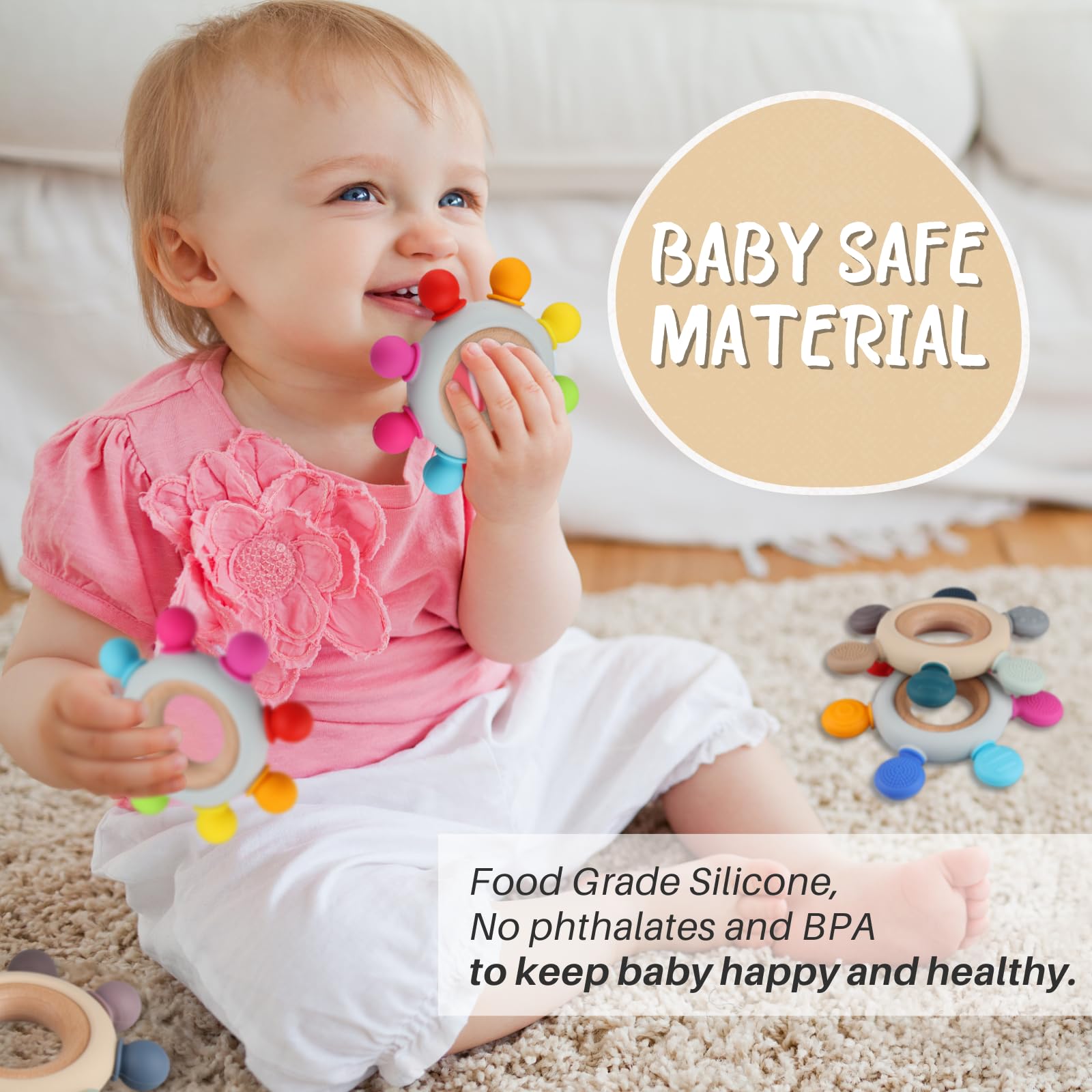 Baby Teething Toys, Silicone Chewable Teethers with Wooden Ring for Soothing Babies Gums, Rudder Chewers Shower Gift for lnfants & Toddlers, 3+ Months