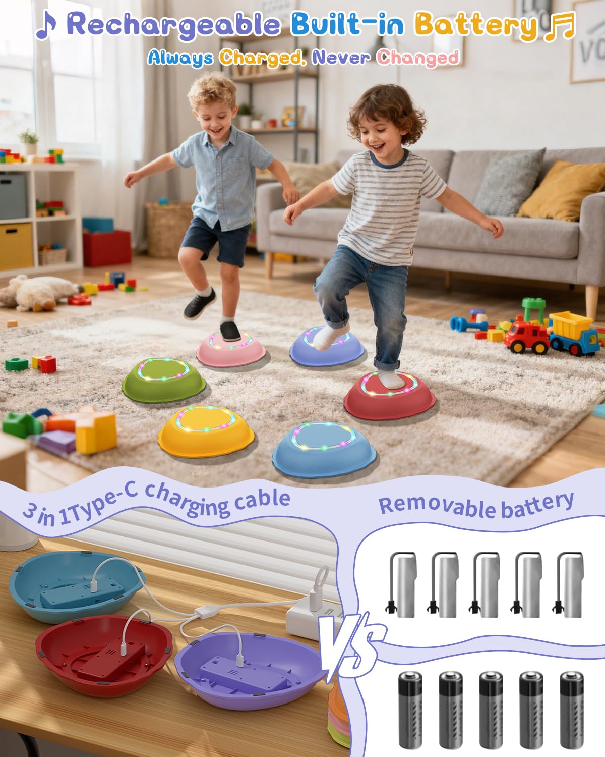 Rechargeable Stepping Stones for Kids, 6pcs Non-Slip Toddler Stepping Stones with Light&Music, Sensory Toys for Indoor and Outdoor Play, Gifts