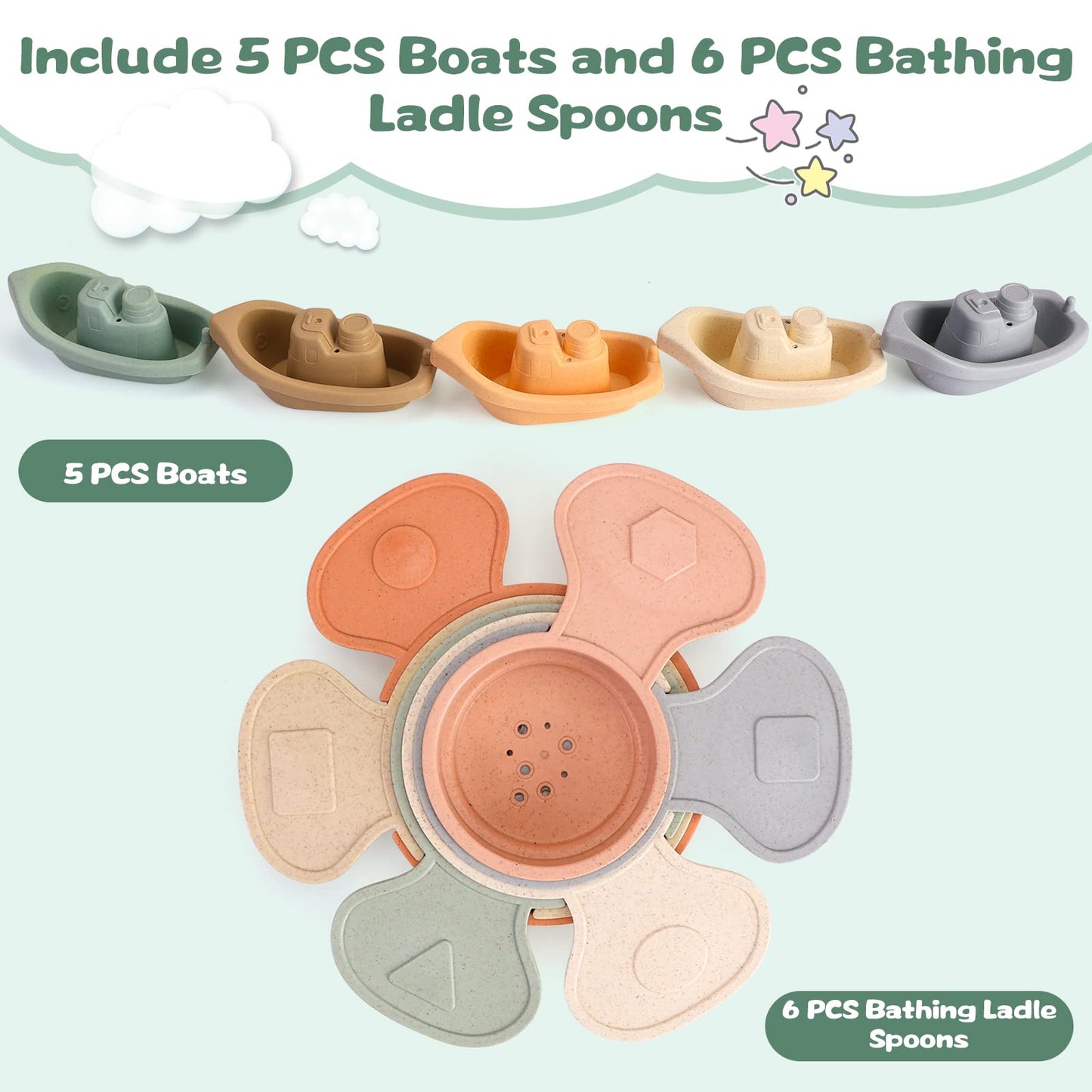 Bath Toys Floating Boats Train with Bathing Spoon,11 Pcs Water Table Toys Mold Free Baby Bath Toys for Toddlers 1-3 Infants 6-12-18 Months,Bathtub