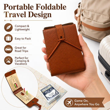 Foldable Travel Cribbage Board Game Set, Portable Leather Cribbage Board with Card & Peg Storage, Includes 6 Pegs & 1 Deck for Adults & Family Game