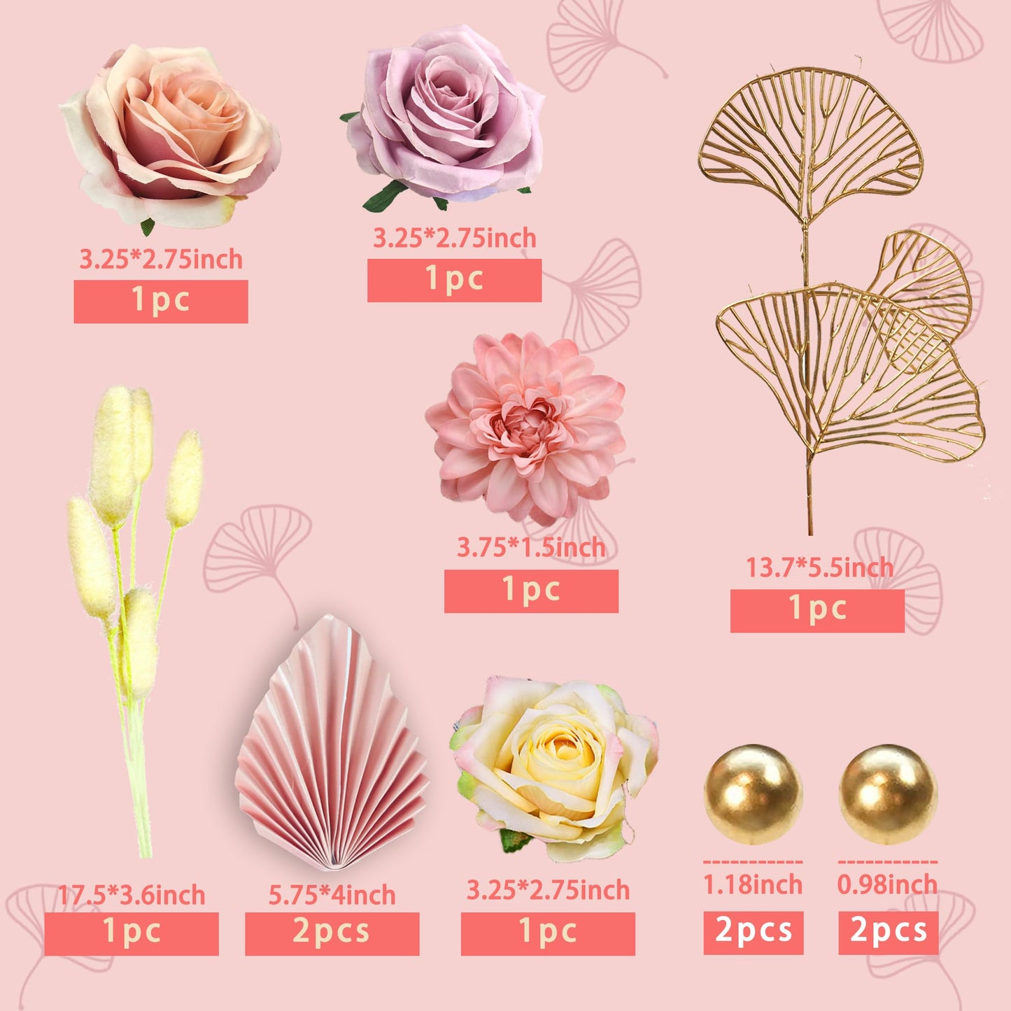 Boho Cake Topper Flower Cake Topper Pink Palm Leaves Cake Decorations with Artificial Rose Ginkgo Leaves and Balls for Wedding Birthday Boho Flower