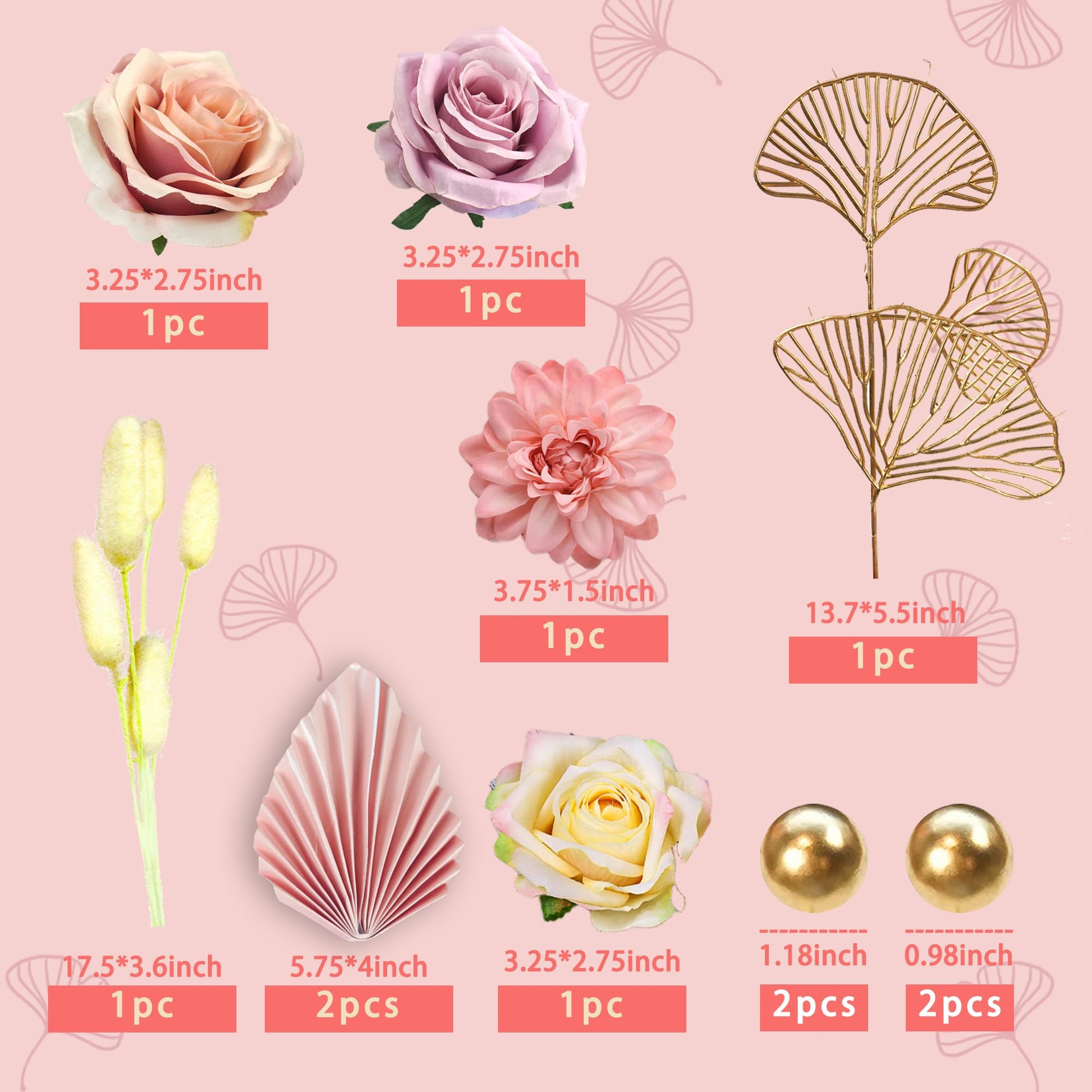 Boho Cake Topper Flower Cake Topper Pink Palm Leaves Cake Decorations with Artificial Rose Ginkgo Leaves and Balls for Wedding Birthday Boho Flower