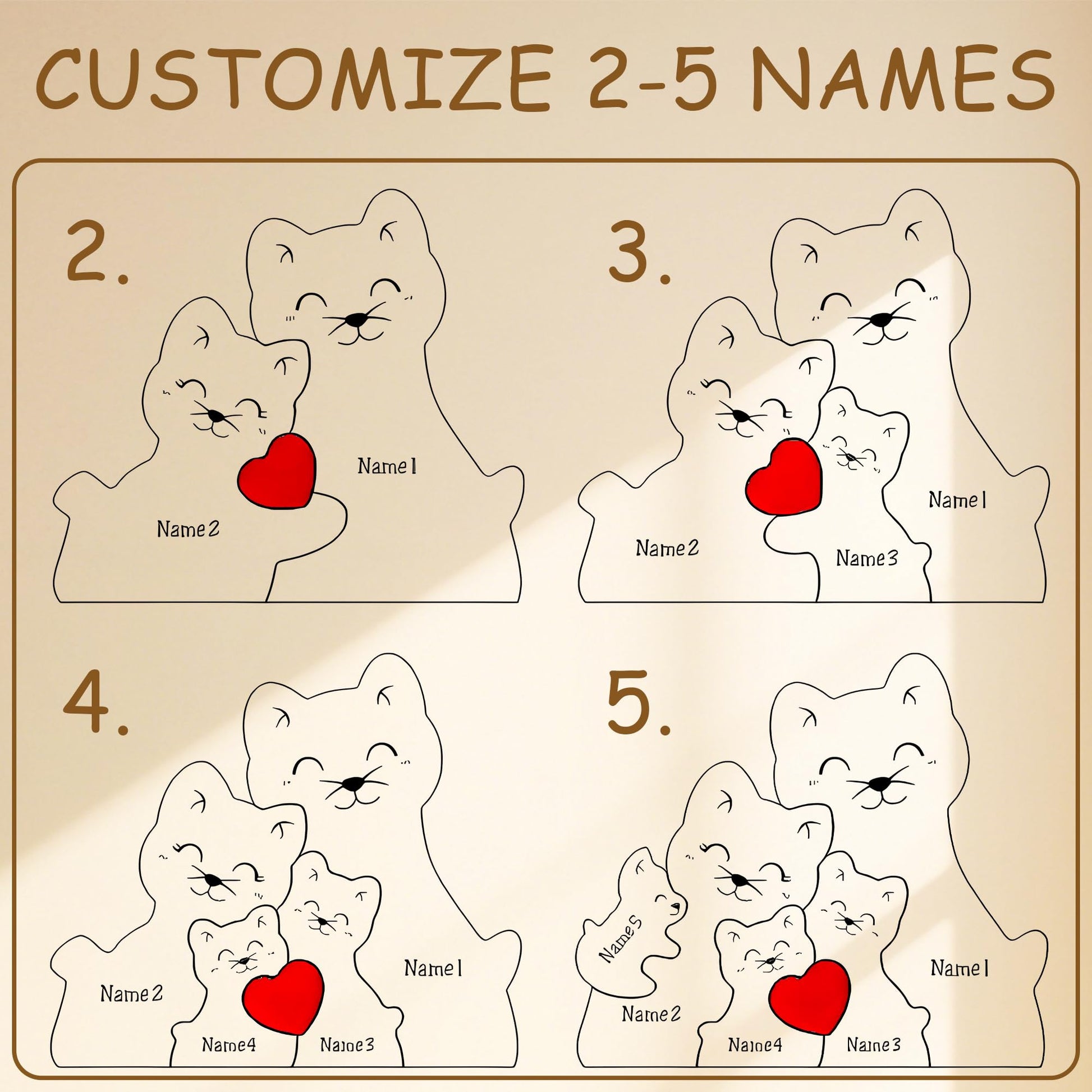 Personalized Wooden Cat Family Puzzle with 2-5 Name, Laser Engraving Custom Cats Family Member Names Puzzle Home Gifts, Christmas Housewarming Home