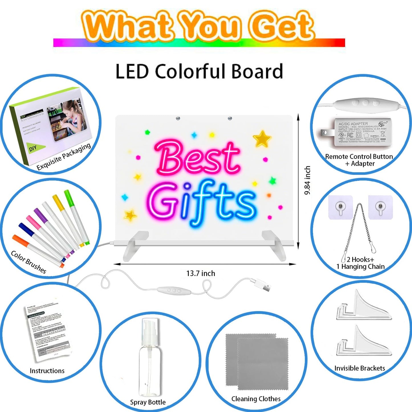 LED Light-Up Acrylic Drawing Board 13.8" x 10" - 4 Modes, 7 Colors - Includes Adapter, Hanging Chain, Stand, Spray Bottle & 7 Markers - Message