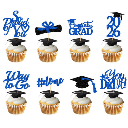 Graduation Decorations 2026 Blue, Graduation Cupcake Toppers 2026 Blue Black, Glitter Class of 2026 Cupcake Toppers Supplies, Class of 2026 Congrats