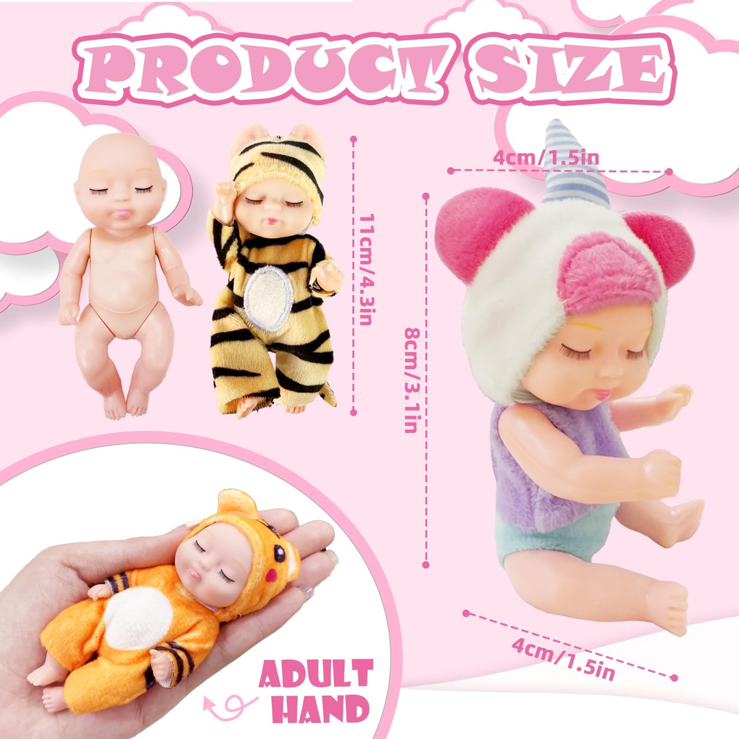 Haawooky 6 Pcs 4 Inch Mini Baby Dolls,Cute Small Baby Doll Toys with 8 Pcs Animal Clothes,Lifelike Realistic Reborn Tiny Baby Dolls for Kids Baby