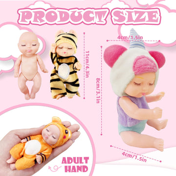 Haawooky 6 Pcs 4 Inch Mini Baby Dolls,Cute Small Baby Doll Toys with 8 Pcs Animal Clothes,Lifelike Realistic Reborn Tiny Baby Dolls for Kids Baby