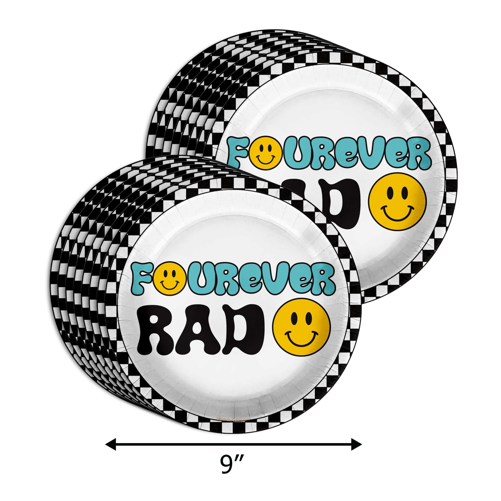 Fourever Rad Smiley Face 4th Birthday Party Supplies - 64 Piece Boys Fourth Birthday Tableware Set Includes Large 9" Dinner Plates and 8" Dessert