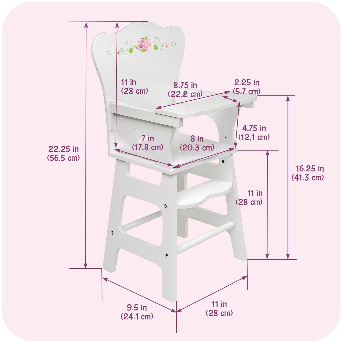 Badger Basket Doll High Chair - White and Rose Wood Design with Padded Seat and Lifting Tray - Fits 14 to 18 Inch Dolls for Pretend Mealtime Play